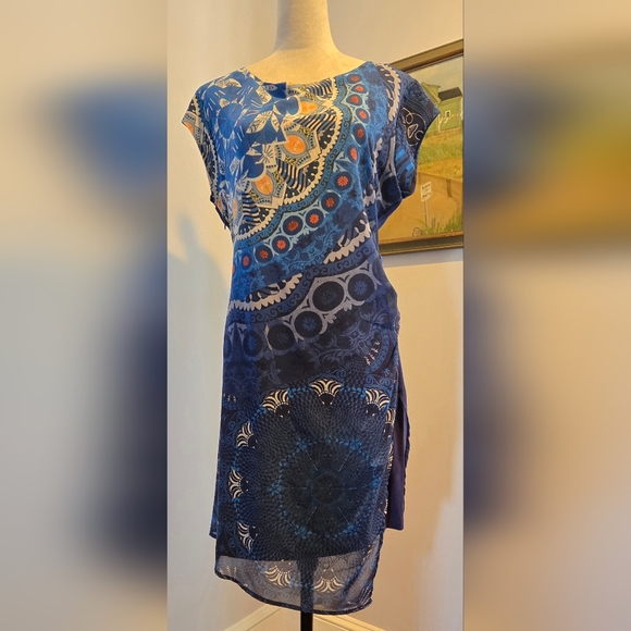 Desigual Dresses & Skirts - Desigual royal blue print dress rouched cap sleeve sz 44